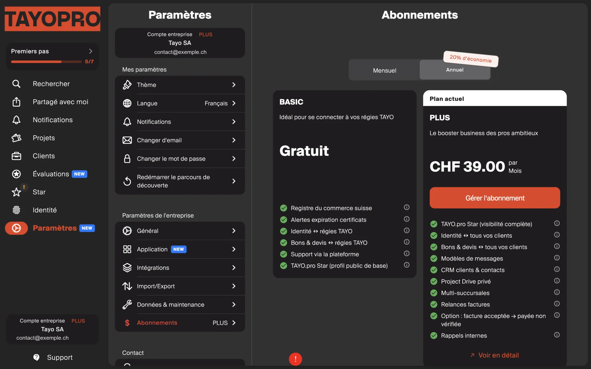 L’écran Abonnements, avec le comparatif des plans Basic et Plus et le plan actuellement actif.