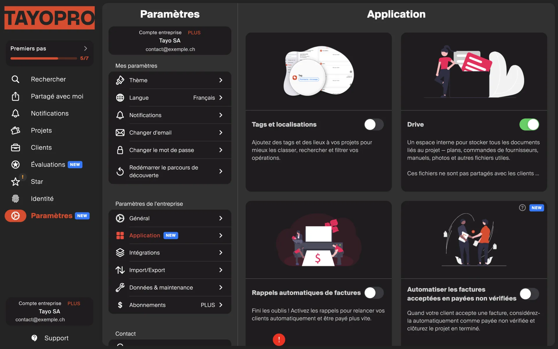 L’écran Paramètres → Application, où chaque module s’active avec un interrupteur.