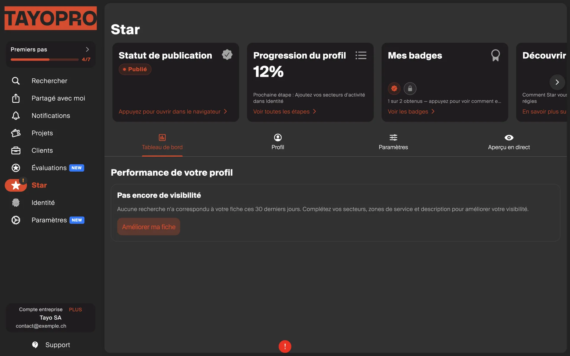 Le tableau de bord Star : statut de publication, progression du profil et badges obtenus.